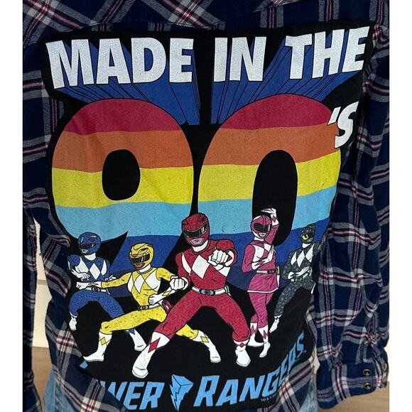 Mighty Morphin Power Rangers Plaid Flannel Shirt MEDIUM 90s Oversized Unique - Picture 2 of 6